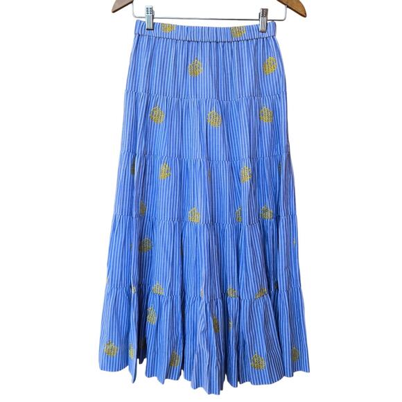 J Crew Striped Midi Skirt Blue Womens Size XS Pineapple Embroidered Lined - Picture 1 of 8